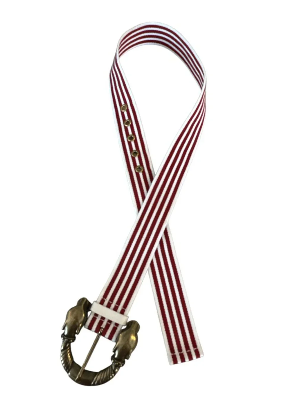 Brass Jaguar Head Buckle Red White Stripe Statement Belt Womens
